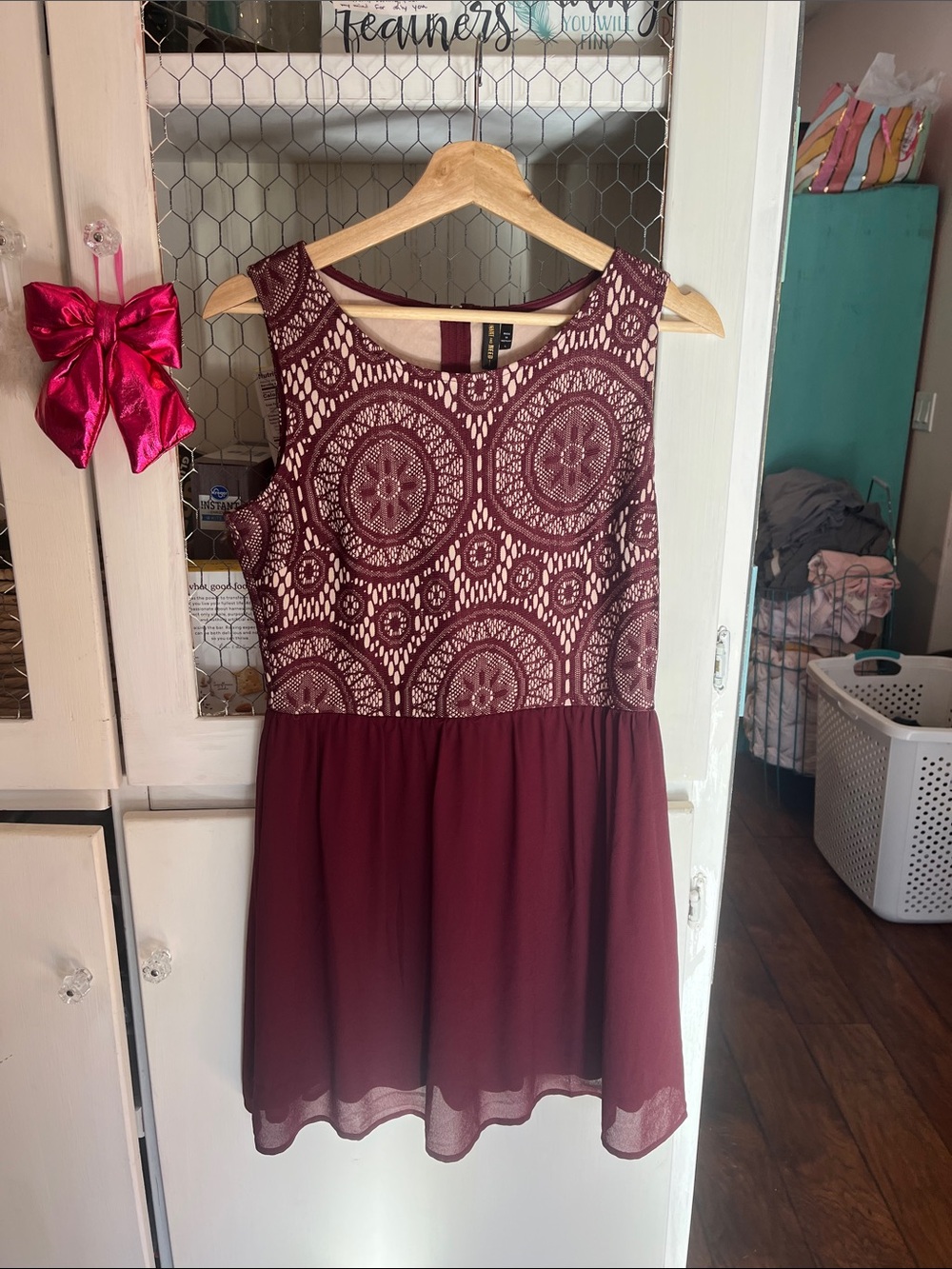 Sleeveless Burgundy Lace Bodice Mini Dress